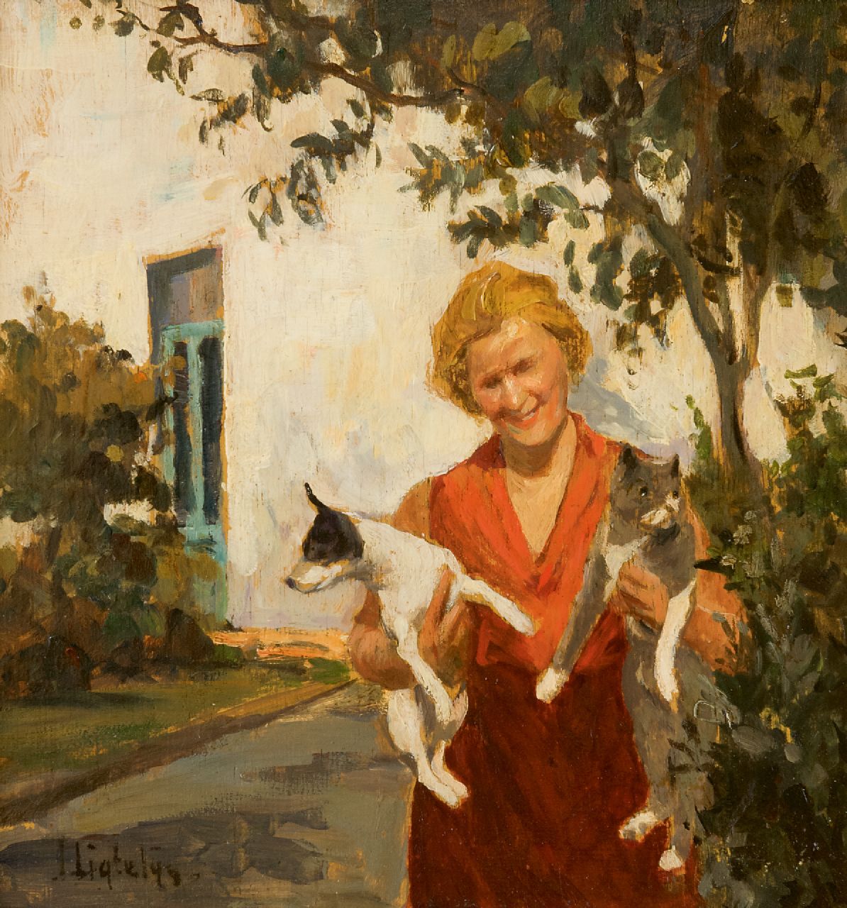 Ligtelijn E.J.  | Evert Jan Ligtelijn, Vrouw met hond en kat in de tuin, olieverf op paneel 24,0 x 22,7 cm, gesigneerd linksonder