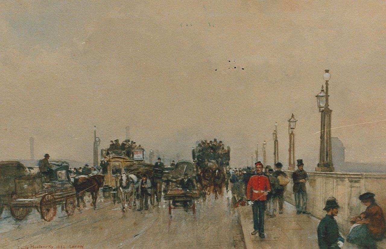 Emile Hoeterickx | Paardentrams op Waterloo Bridge, aquarel op papier, 36,0 x 55,0 cm, gesigneerd l.o. en gedateerd 1882