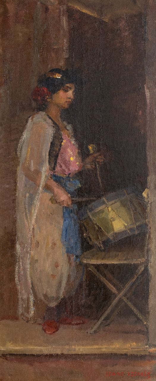 Israels I.L. | 'Isaac' Lazarus Israels, Trommelslaagster, olieverf op doek 181,0 x 75,0 cm, gesigneerd rechtsonder en te dateren ca. 1909 Israels I.L. | 'Isaac' Lazarus Israels, Trommelslaagster, olieverf op doek 181,0 x 75,0 cm, gesigneerd rechtsonder en te dateren ca. 1909