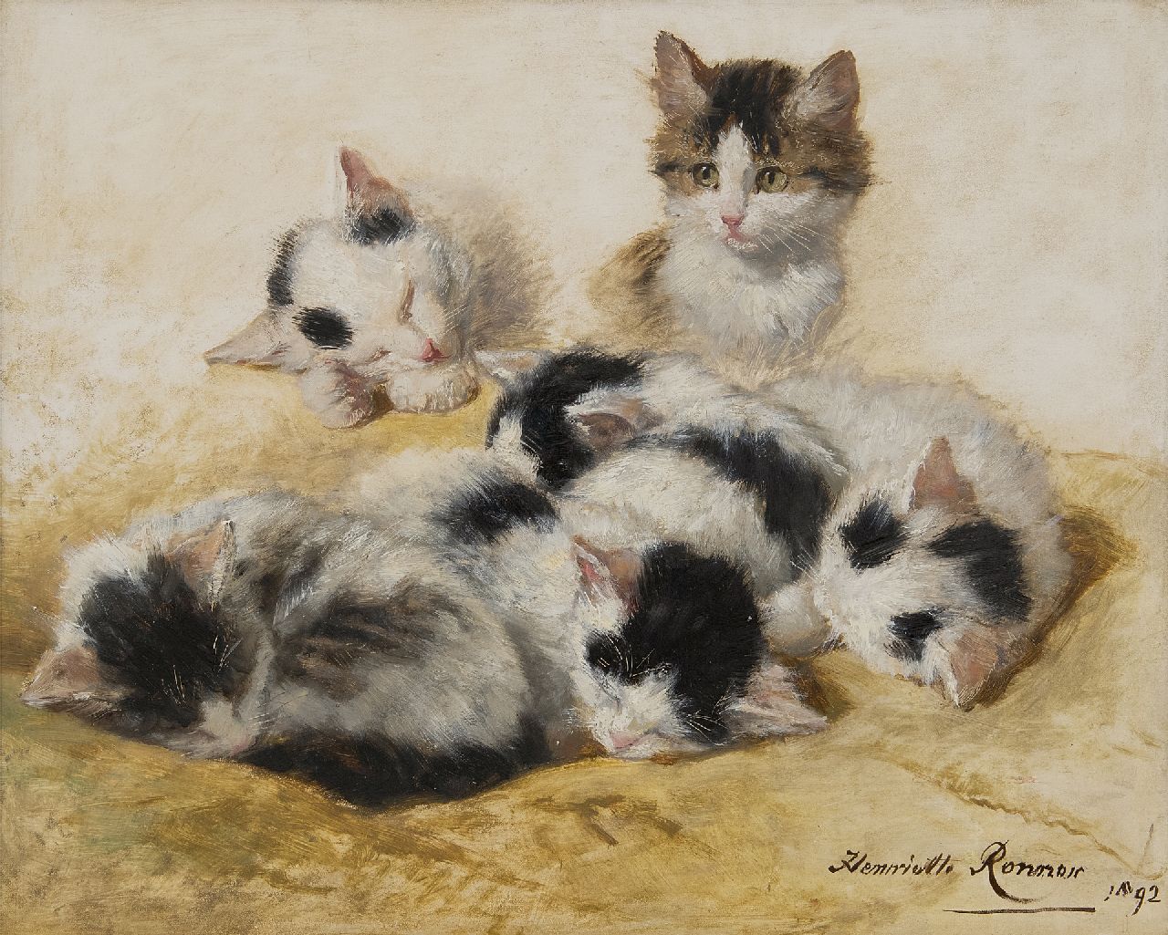 Ronner-Knip H. | Henriette Ronner-Knip, Jonge katjes, olieverf op paneel 32,2 x 40,3 cm, gesigneerd rechtsonder en gedateerd 1892 Ronner-Knip H. | Henriette Ronner-Knip, Jonge katjes, olieverf op paneel 32,2 x 40,3 cm, gesigneerd rechtsonder en gedateerd 1892