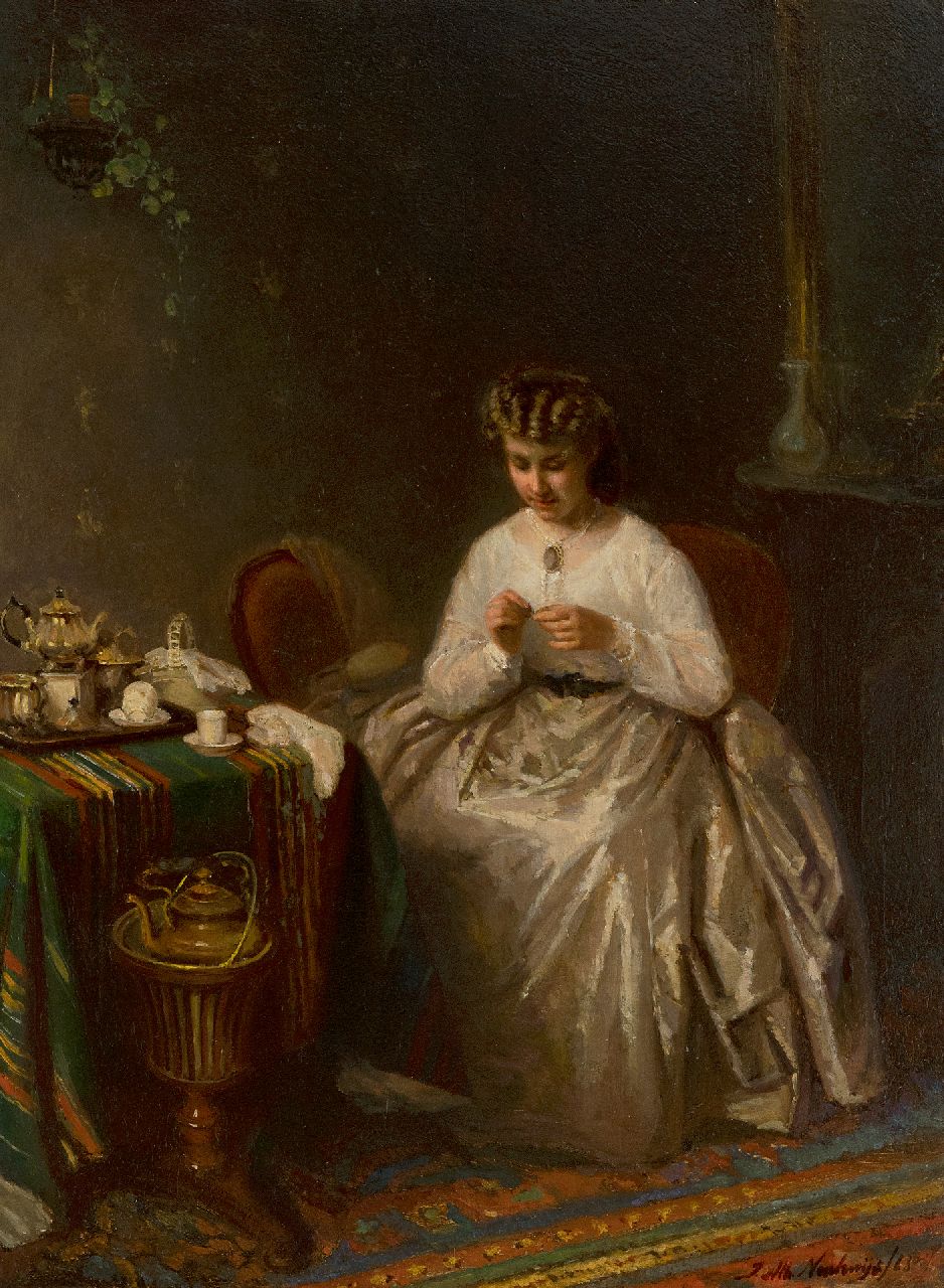 Neuhuys J.A. | Johannes 'Albert' Neuhuys | Schilderijen te koop aangeboden | Het verstelwerkje, olieverf op paneel 40,1 x 31,1 cm, gesigneerd rechtsonder Neuhuys J.A. | Johannes 'Albert' Neuhuys | Schilderijen te koop aangeboden | Het verstelwerkje, olieverf op paneel 40,1 x 31,1 cm, gesigneerd rechtsonder