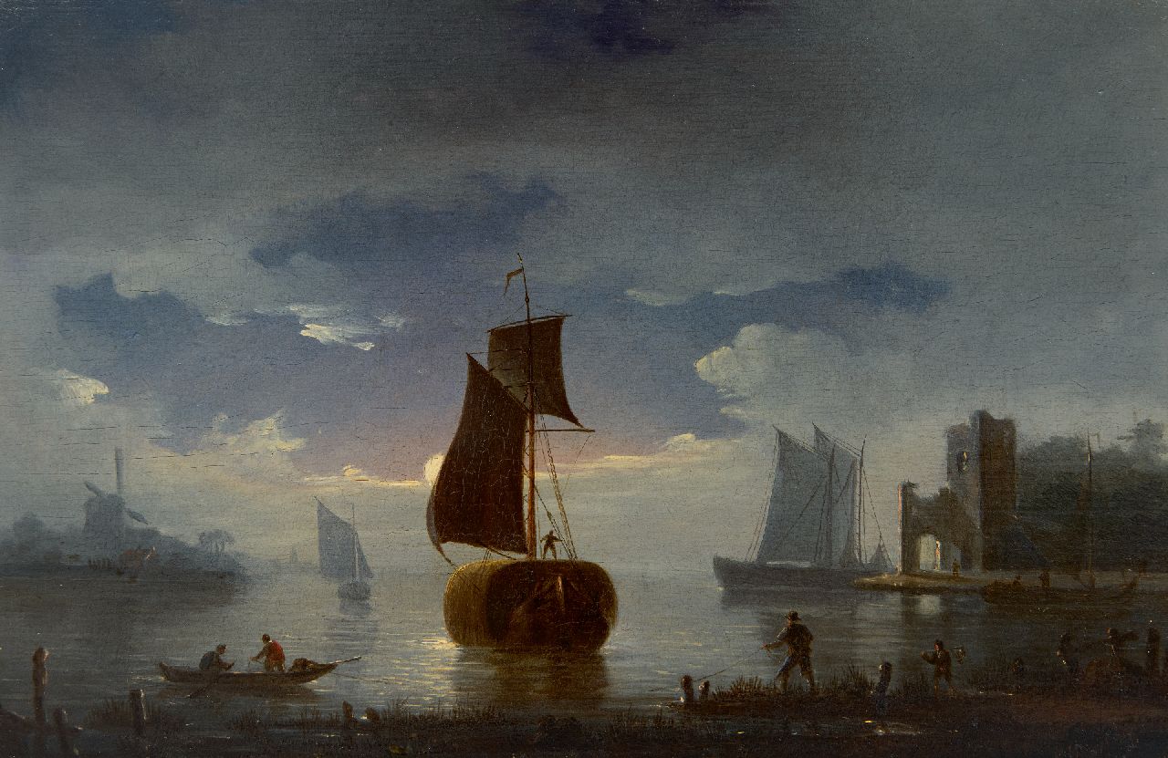 Gruijter G.  | Gerrit Gruijter | Schilderijen te koop aangeboden | Afmerend hooischip bij maanlicht, olieverf op paneel 22,4 x 33,0 cm
