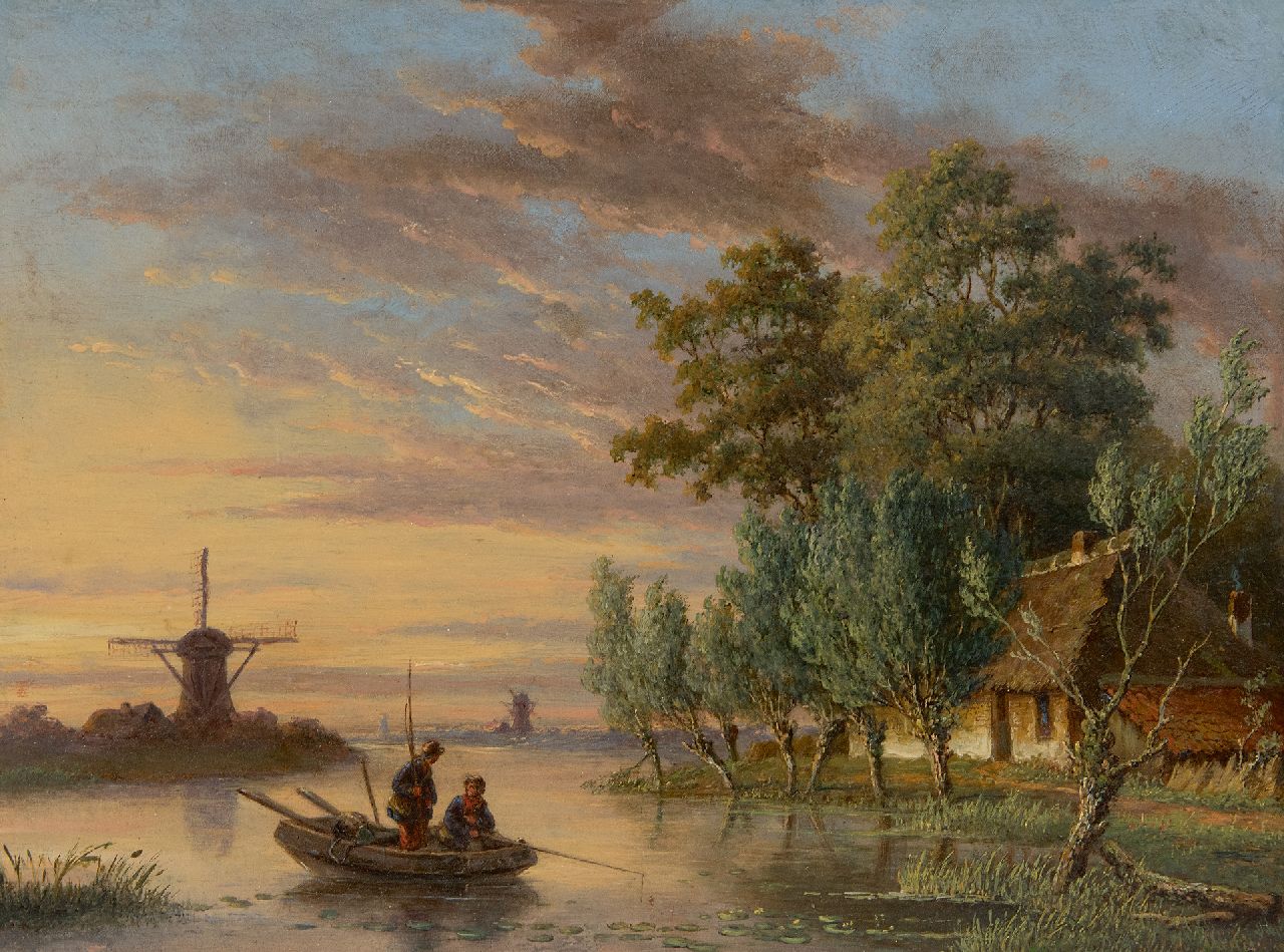Meijier A.A. de | Anthony Andreas de Meijier | Schilderijen te koop aangeboden | Rivierlandschap met vissers, bij zonsondergang, olieverf op paneel 22,6 x 30,0 cm, gesigneerd rechtsonder Meijier A.A. de | Anthony Andreas de Meijier | Schilderijen te koop aangeboden | Rivierlandschap met vissers, bij zonsondergang, olieverf op paneel 22,6 x 30,0 cm, gesigneerd rechtsonder
