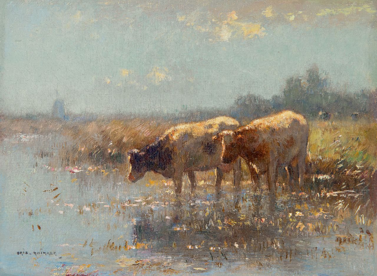 Knikker A. | Aris Knikker, Drinkende koeien in weidelandschap, olieverf op doek op paneel 18,0 x 24,1 cm, gesigneerd linksonder Knikker A. | Aris Knikker, Drinkende koeien in weidelandschap, olieverf op doek op paneel 18,0 x 24,1 cm, gesigneerd linksonder