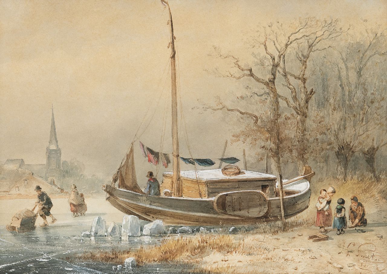 Jan Gerard Smits | Winterlandschap met vastgevroren boot, aquarel op papier, 22,0 x 30,0 cm, gesigneerd r.o. en gedateerd '50 Jan Gerard Smits | Winterlandschap met vastgevroren boot, aquarel op papier, 22,0 x 30,0 cm, gesigneerd r.o. en gedateerd '50