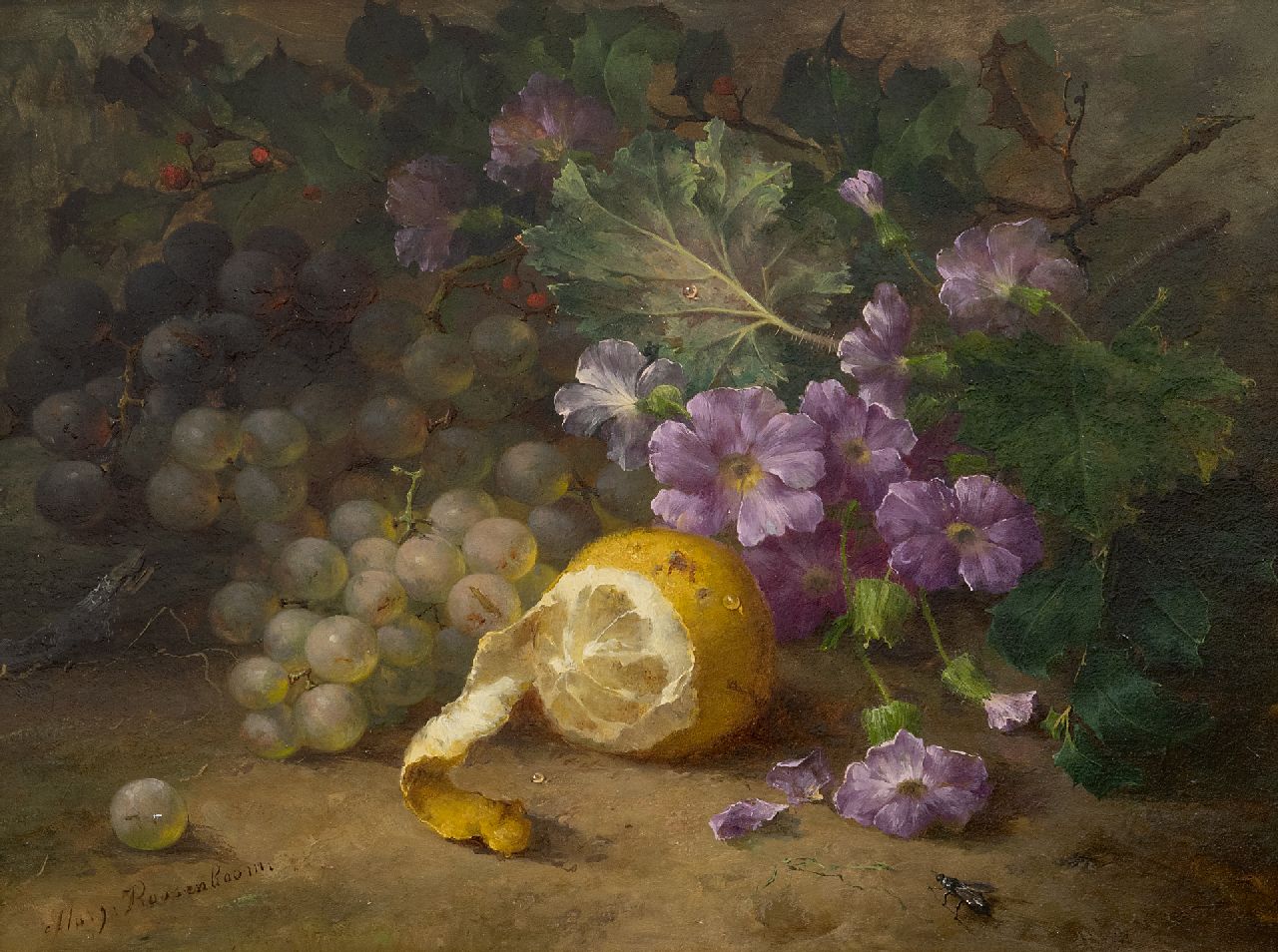 Roosenboom M.C.J.W.H. | 'Margaretha' Cornelia Johanna Wilhelmina Henriëtta Roosenboom | Schilderijen te koop aangeboden | Stilleven met druiven, citroen en bloemen op de bosgrond, olieverf op paneel 29,5 x 40,1 cm, gesigneerd linksonder Roosenboom M.C.J.W.H. | 'Margaretha' Cornelia Johanna Wilhelmina Henriëtta Roosenboom | Schilderijen te koop aangeboden | Stilleven met druiven, citroen en bloemen op de bosgrond, olieverf op paneel 29,5 x 40,1 cm, gesigneerd linksonder
