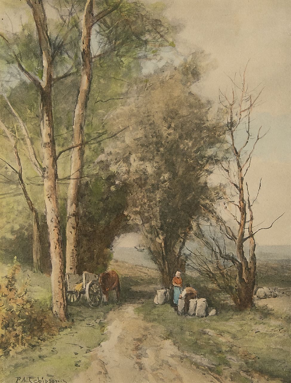 Schipperus P.A. | Pieter Adrianus 'Piet' Schipperus, Boslaantje met boerenkar en figuren, aquarel op papier 25,7 x 19,9 cm, gesigneerd linksonder Schipperus P.A. | Pieter Adrianus 'Piet' Schipperus, Boslaantje met boerenkar en figuren, aquarel op papier 25,7 x 19,9 cm, gesigneerd linksonder