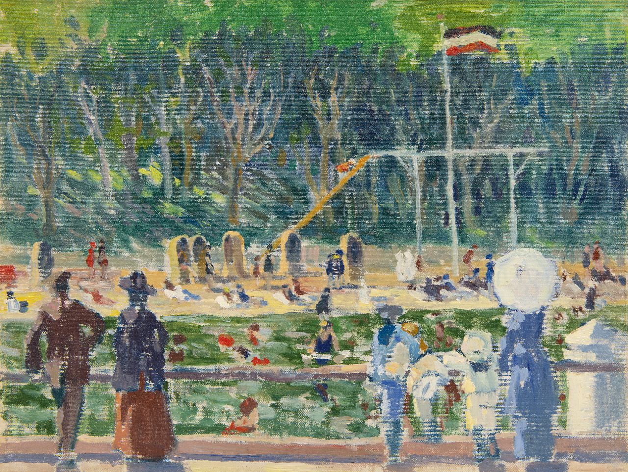 Bloos R.W.  | 'Richard' Willi Bloos | Schilderijen te koop aangeboden | Zonnige dag in het strandbad, olieverf op doek op schildersboard 32,0 x 42,0 cm