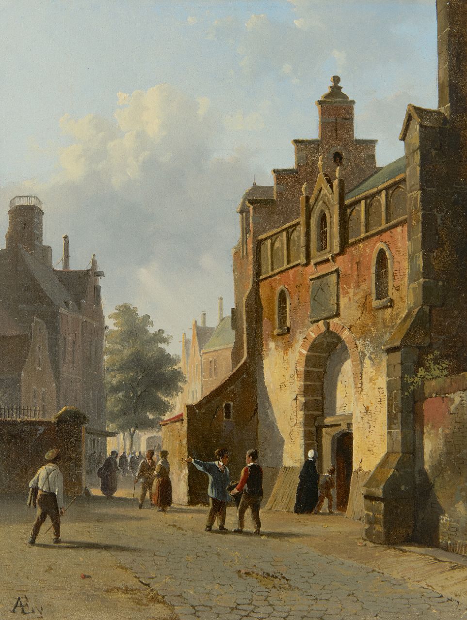Eversen A. | Adrianus Eversen, Zonnig straatje met figuren, olieverf op paneel 31,0 x 24,0 cm, gesigneerd linksonder met mon Eversen A. | Adrianus Eversen, Zonnig straatje met figuren, olieverf op paneel 31,0 x 24,0 cm, gesigneerd linksonder met mon