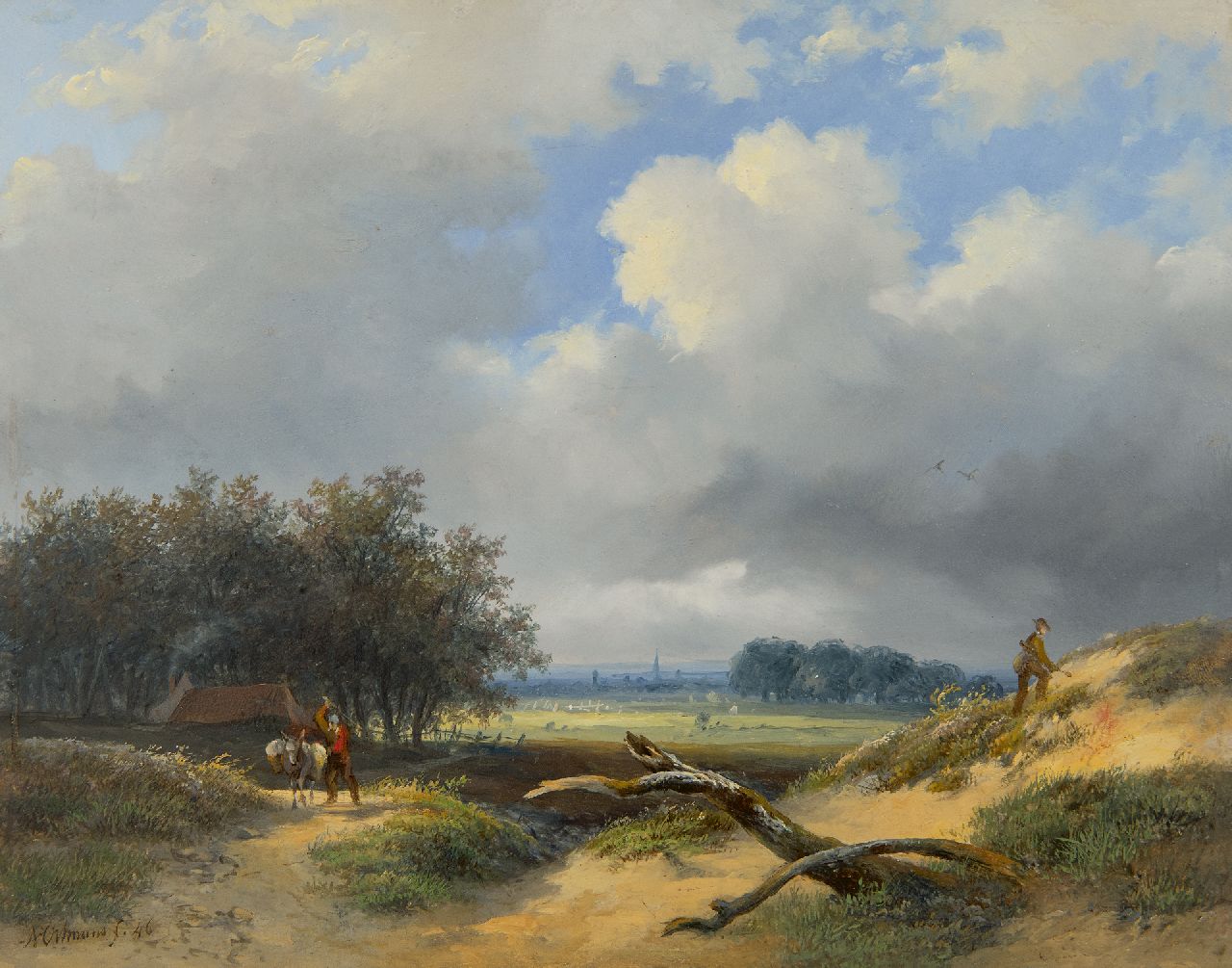 François Auguste Ortmans | Valleilandschap met jager en boer, olieverf op paneel, 23,4 x 29,4 cm, gesigneerd l.o. en gedateerd '46 François Auguste Ortmans | Valleilandschap met jager en boer, olieverf op paneel, 23,4 x 29,4 cm, gesigneerd l.o. en gedateerd '46