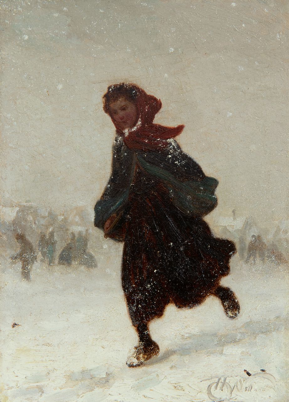 Seben H. van | Henri van Seben, Naar huis door de sneeuw, olieverf op paneel 21,9 x 15,9 cm, gesigneerd rechtsonder Seben H. van | Henri van Seben, Naar huis door de sneeuw, olieverf op paneel 21,9 x 15,9 cm, gesigneerd rechtsonder