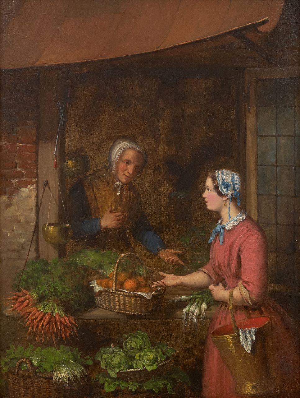 Pez A. | Aimé Pez | Schilderijen te koop aangeboden | Een praatje bij de groentestal, olieverf op paneel 34,6 x 26,0 cm, gesigneerd rechtsonder en gedateerd 1848 Pez A. | Aimé Pez | Schilderijen te koop aangeboden | Een praatje bij de groentestal, olieverf op paneel 34,6 x 26,0 cm, gesigneerd rechtsonder en gedateerd 1848