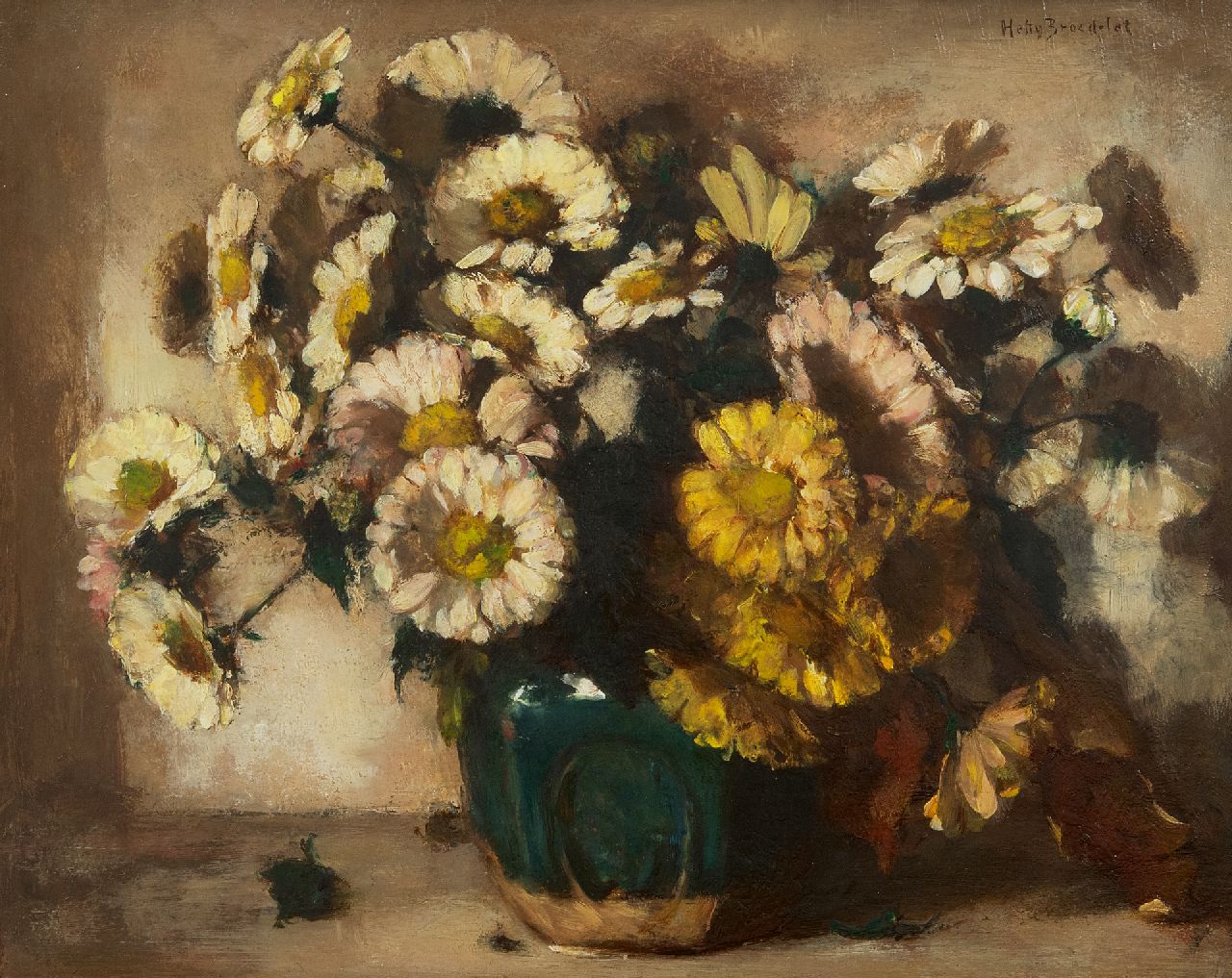 Broedelet-Henkes H. | Hester 'Hetty' Broedelet-Henkes, Margrieten in een gemberpot, olieverf op paneel 27,8 x 35,1 cm, gesigneerd rechtsboven Broedelet-Henkes H. | Hester 'Hetty' Broedelet-Henkes, Margrieten in een gemberpot, olieverf op paneel 27,8 x 35,1 cm, gesigneerd rechtsboven