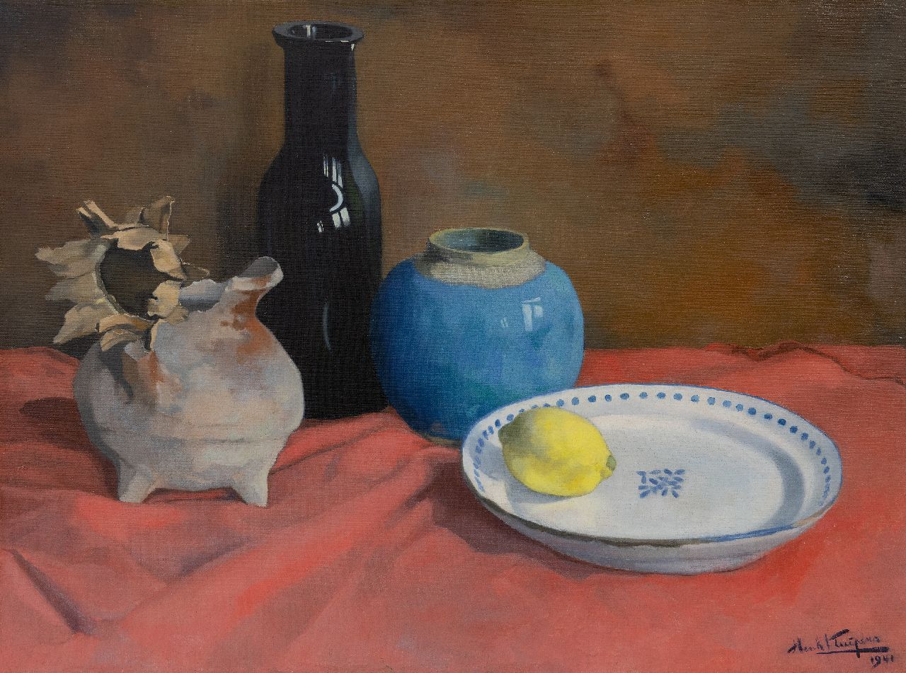 Kuipers H.J.  | Hendricus Jacobus 'Henk' Kuipers | Schilderijen te koop aangeboden | Stilleven met vaatwerk en citroen, olieverf op doek 45,7 x 60,5 cm, gesigneerd rechtsonder en gedateerd 1941
