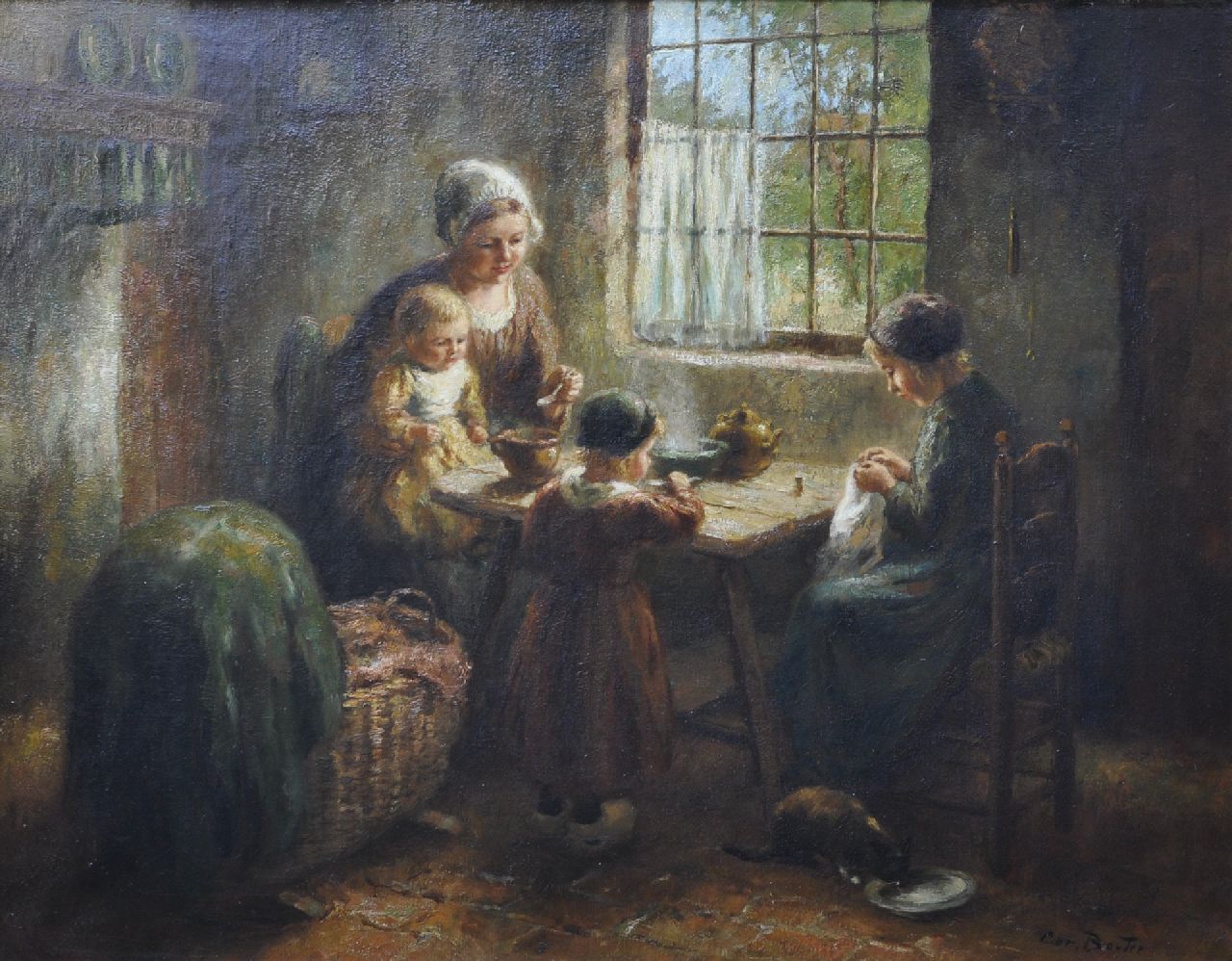 Bouter C.W. | Cornelis Wouter 'Cor' Bouter, Larens interieur met moeder en kinderen aan tafel, olieverf op doek 80,3 x 100,4 cm, gesigneerd rechtsonder Bouter C.W. | Cornelis Wouter 'Cor' Bouter, Larens interieur met moeder en kinderen aan tafel, olieverf op doek 80,3 x 100,4 cm, gesigneerd rechtsonder
