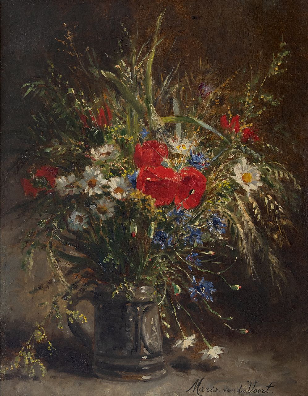 Voort in de Betouw-Nourney M. van der | Maria van der Voort in de Betouw-Nourney | Schilderijen te koop aangeboden | Veldboeket in stenen bierpul, olieverf op doek 53,8 x 41,5 cm, gesigneerd rechtsonder