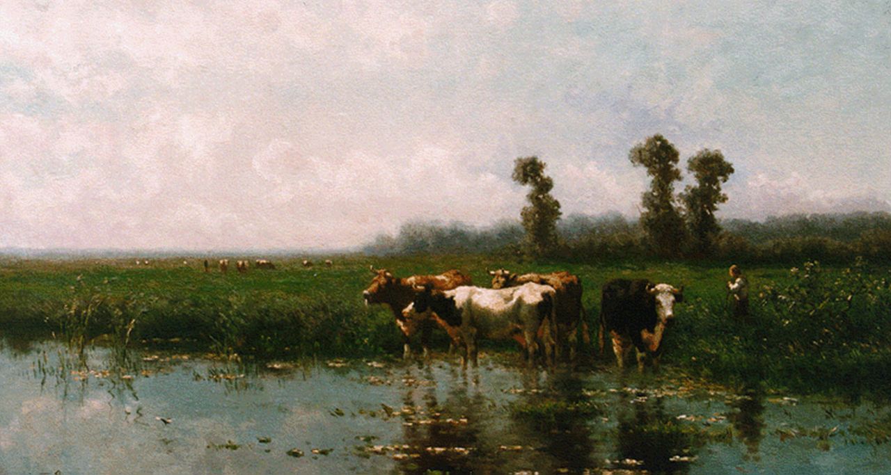 Vrolijk J.M. | Johannes Martinus 'Jan' Vrolijk, Koeien aan de waterkant, olieverf op paneel 51,0 x 90,0 cm, gesigneerd linksonder en gedateerd '87 Vrolijk J.M. | Johannes Martinus 'Jan' Vrolijk, Koeien aan de waterkant, olieverf op paneel 51,0 x 90,0 cm, gesigneerd linksonder en gedateerd '87