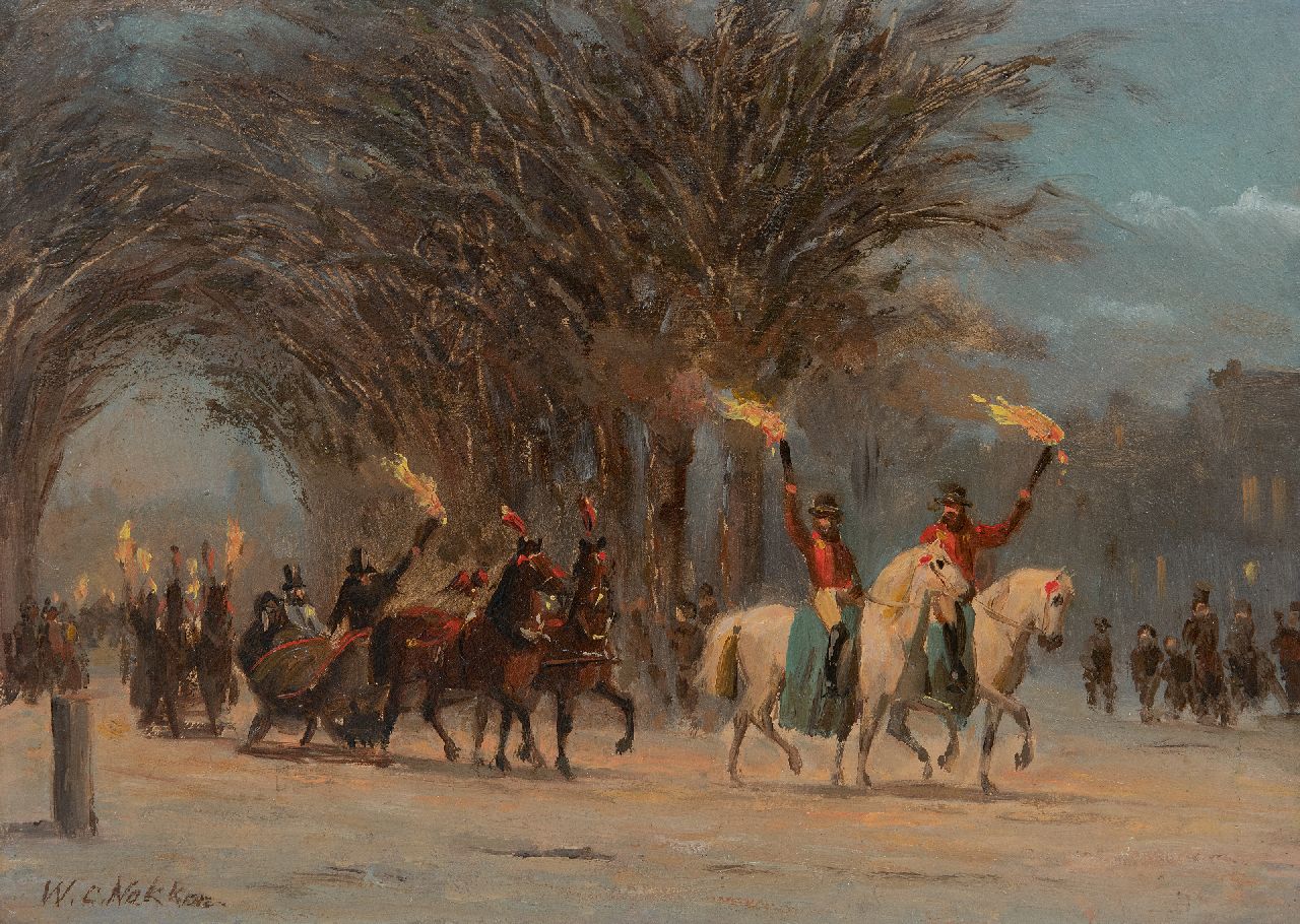 Nakken W.K.  | Willem Karel 'W.C.' Nakken, Winterse fakkeloptocht, olieverf op papier op paneel 23,2 x 32,2 cm, gesigneerd linksonder