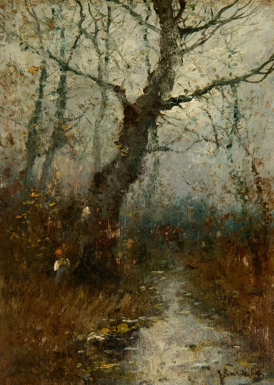 Jungblut J.  | Johann Jungblut, Figuurtje in een herfstbos (pendant van winter), olieverf op paneel 16,2 x 11,7 cm, gesigneerd rechtsonder J. Sander [pseudoniem]