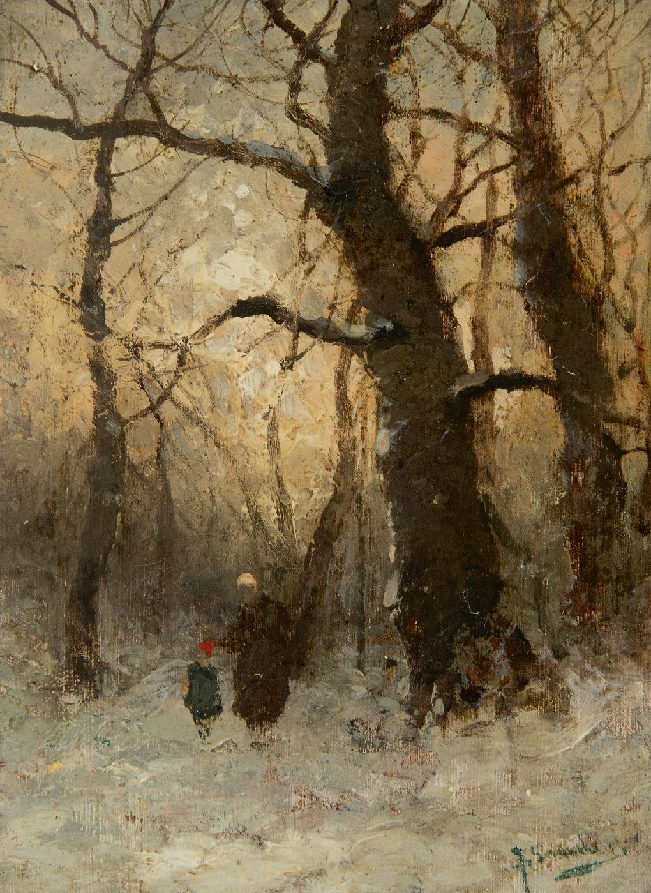 Jungblut J.  | Johann Jungblut, Figuren in een besneeuwd bos (pendant van herfst), olieverf op paneel 16,1 x 11,8 cm, gesigneerd rechtsonder J. Sander [pseudoniem]
