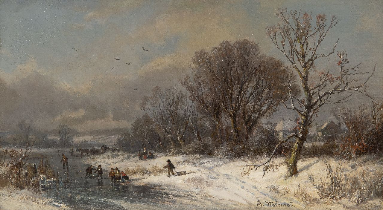Stademann A. | Adolf Stademann | Schilderijen te koop aangeboden | Winterlandschap met paard en wagen en spelende kinderen op het ijs, olieverf op doek 31,0 x 56,0 cm, gesigneerd rechtsonder Stademann A. | Adolf Stademann | Schilderijen te koop aangeboden | Winterlandschap met paard en wagen en spelende kinderen op het ijs, olieverf op doek 31,0 x 56,0 cm, gesigneerd rechtsonder