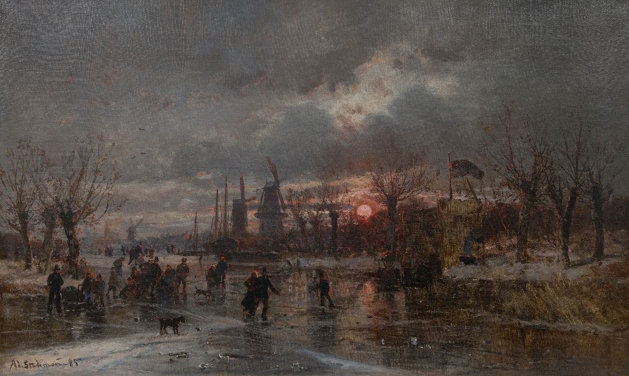 Stademann A.  | Adolf Stademann | Schilderijen te koop aangeboden | IJsplezier bij zonsondergang, olieverf op doek 81,7 x 136,3 cm, gesigneerd linksonder en gedateerd '85