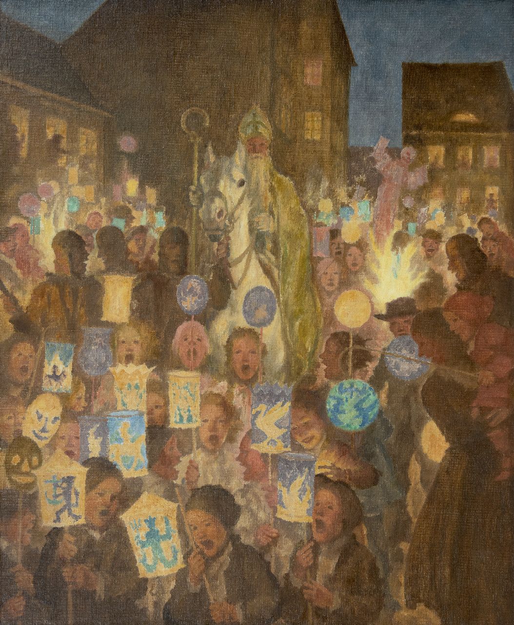 Münzer A.F.T. | Adolph Franz Theodor 'Adolf' Münzer | Schilderijen te koop aangeboden | Sint-Maarten optocht 1934, olieverf op doek 80,8 x 66,0 cm, gesigneerd verso en verso gedateerd 1934 Münzer A.F.T. | Adolph Franz Theodor 'Adolf' Münzer | Schilderijen te koop aangeboden | Sint-Maarten optocht 1934, olieverf op doek 80,8 x 66,0 cm, gesigneerd verso en verso gedateerd 1934
