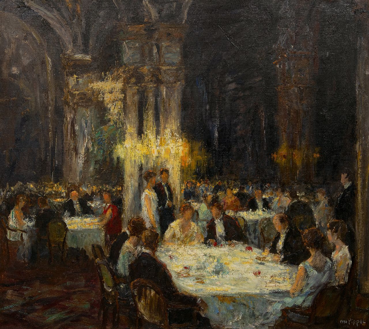 Pippel O.E. | 'Otto' Eduard Pippel, Soirée, olieverf op doek 96,8 x 107,0 cm, gesigneerd rechtsonder Pippel O.E. | 'Otto' Eduard Pippel, Soirée, olieverf op doek 96,8 x 107,0 cm, gesigneerd rechtsonder