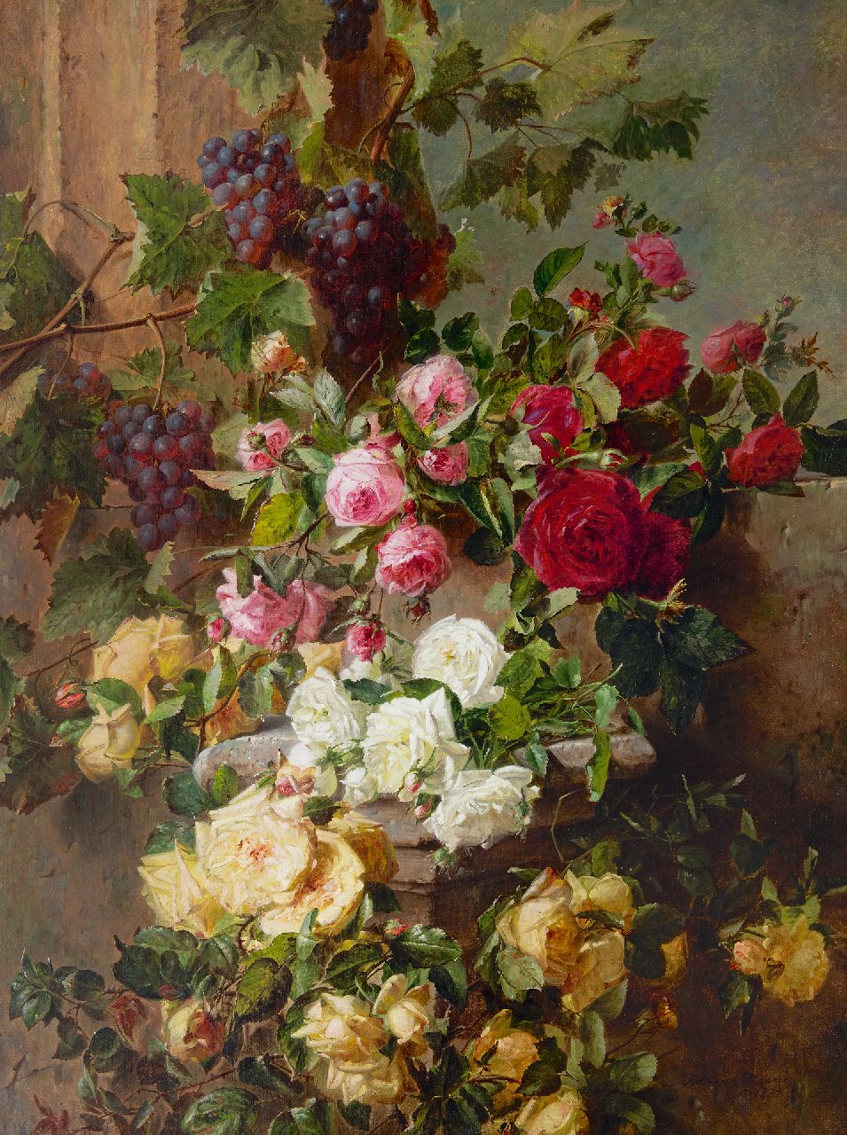 Haanen A.J. | 'Adriana' Johanna Haanen, Stilleven met rozen en druiven, olieverf op doek 101,6 x 76,5 cm, gesigneerd rechtsonder en gedateerd 1874 Haanen A.J. | 'Adriana' Johanna Haanen, Stilleven met rozen en druiven, olieverf op doek 101,6 x 76,5 cm, gesigneerd rechtsonder en gedateerd 1874
