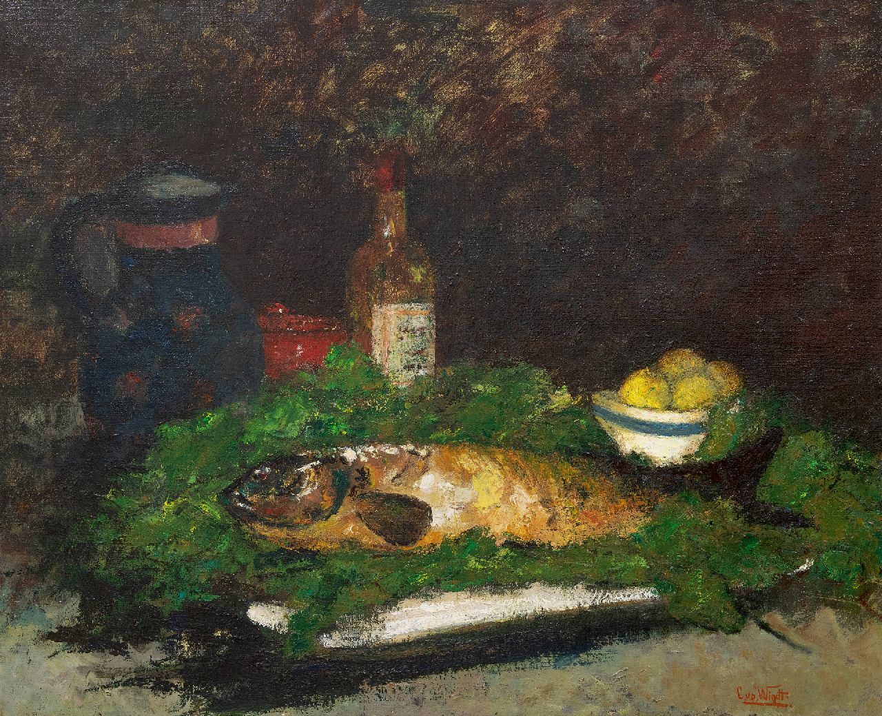 Windt Ch. van der | Christophe 'Chris' van der Windt | Schilderijen te koop aangeboden | Stilleven van een vis, wijnfles en fruitschaal, olieverf op doek 71,3 x 86,0 cm, gesigneerd rechtsonder