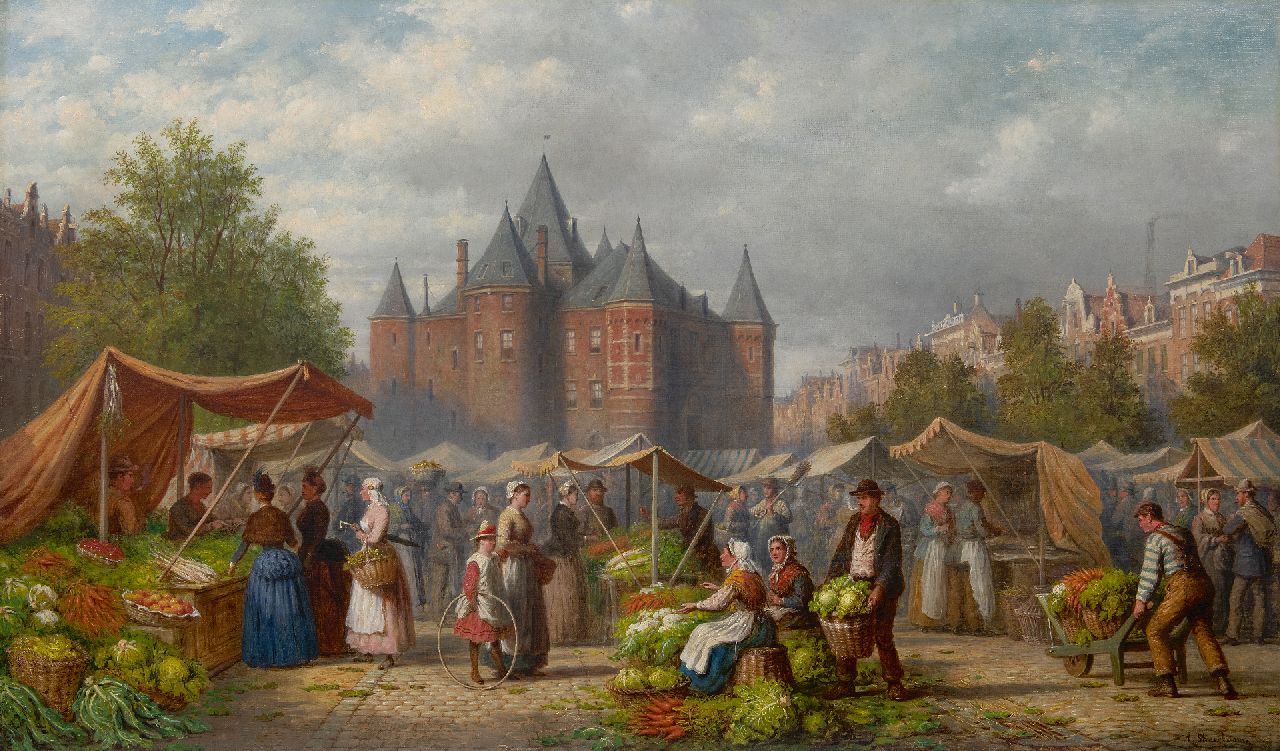 Scheerboom A.  | Andries Scheerboom | Schilderijen te koop aangeboden | Groentemarkt bij de Waag in Amsterdam, olieverf op doek 76,3 x 127,4 cm, gesigneerd rechtsonder