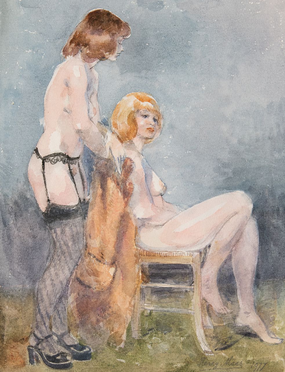 Maas H.F.H. | Henri Frans Hubert 'Harry' Maas | Aquarellen en tekeningen te koop aangeboden | Staand en zittend naakt, aquarel op papier 51,7 x 38,8 cm, gesigneerd rechtsonder en gedateerd 1977 Maas H.F.H. | Henri Frans Hubert 'Harry' Maas | Aquarellen en tekeningen te koop aangeboden | Staand en zittend naakt, aquarel op papier 51,7 x 38,8 cm, gesigneerd rechtsonder en gedateerd 1977