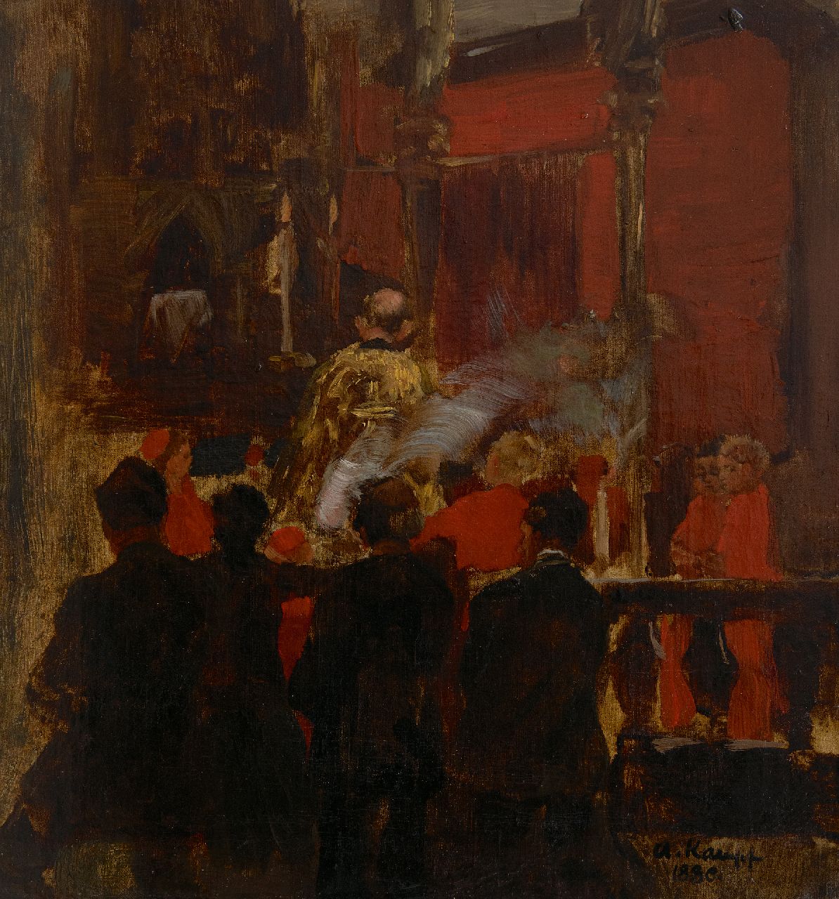 Kampf E.P.A. | Egbert Paul 'Arthur' Kampf | Schilderijen te koop aangeboden | Bij het koor, olieverf op doek 31,9 x 30,2 cm, gesigneerd rechtsonder en gedateerd 1880 Kampf E.P.A. | Egbert Paul 'Arthur' Kampf | Schilderijen te koop aangeboden | Bij het koor, olieverf op doek 31,9 x 30,2 cm, gesigneerd rechtsonder en gedateerd 1880
