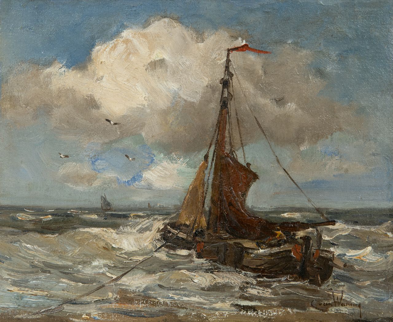 Waning C.A. van | Cornelis Anthonij 'Kees' van Waning | Schilderijen te koop aangeboden | Bomschuit voor anker in de branding, olieverf op doek 25,2 x 31,0 cm, gesigneerd rechtsonder Waning C.A. van | Cornelis Anthonij 'Kees' van Waning | Schilderijen te koop aangeboden | Bomschuit voor anker in de branding, olieverf op doek 25,2 x 31,0 cm, gesigneerd rechtsonder