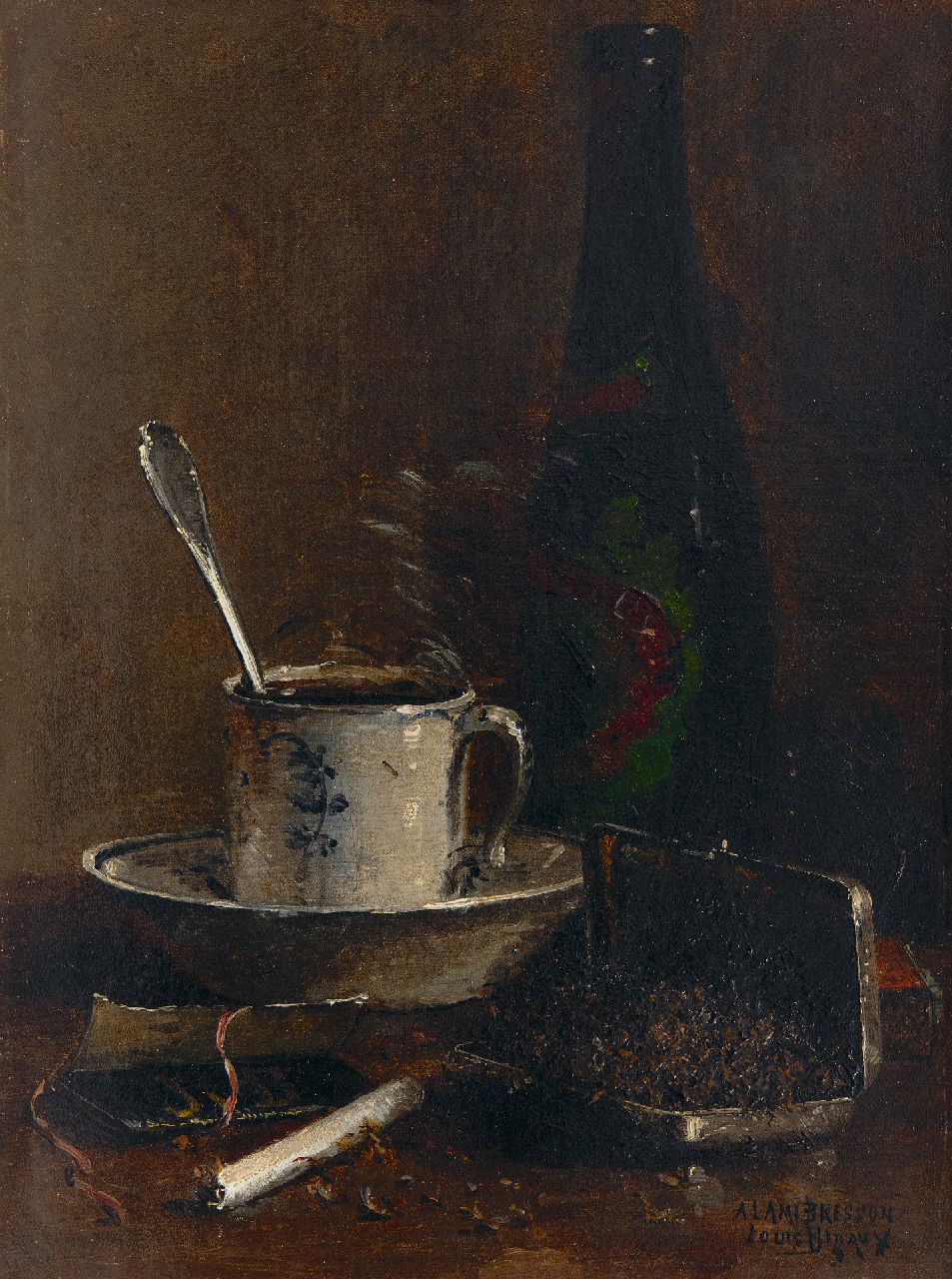 Bigaux L.F. | Louis Félix Bigaux | Schilderijen te koop aangeboden | Stilleven met tabaksdoos, sigaret en kop en schotel, olieverf op doek 32,4 x 24,6 cm, gesigneerd rechtsonder Bigaux L.F. | Louis Félix Bigaux | Schilderijen te koop aangeboden | Stilleven met tabaksdoos, sigaret en kop en schotel, olieverf op doek 32,4 x 24,6 cm, gesigneerd rechtsonder