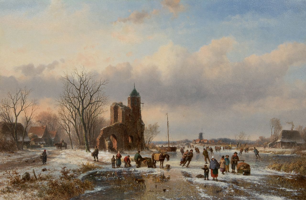 Vester W. | Willem Vester, Schaatsers op het ijs bij een kasteelruïne, olieverf op doek 82,1 x 124,8 cm, gesigneerd linksonder Vester W. | Willem Vester, Schaatsers op het ijs bij een kasteelruïne, olieverf op doek 82,1 x 124,8 cm, gesigneerd linksonder