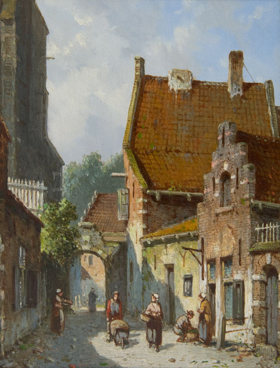 Eversen A. | Adrianus Eversen, Zonnig straatje achter de kerk, olieverf op paneel 19,1 x 14,9 cm, gesigneerd rechtsonder met monogram en verso op etiket voluit Eversen A. | Adrianus Eversen, Zonnig straatje achter de kerk, olieverf op paneel 19,1 x 14,9 cm, gesigneerd rechtsonder met monogram en verso op etiket voluit