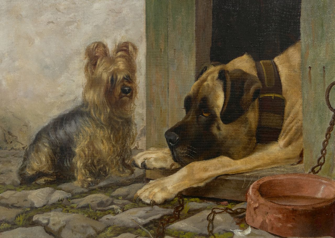Engelse School, tweede helft 19e eeuw   | Engelse School, tweede helft 19e eeuw | Schilderijen te koop aangeboden | 'Hero Worship' (onder de honden), olieverf op doek 40,6 x 55,8 cm, gesigneerd rechtsonder met monogram