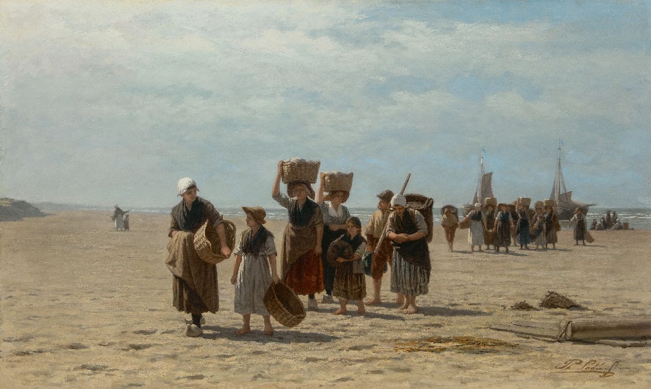 Sadée P.L.J.F.  | Philip Lodewijk Jacob Frederik Sadée, Het binnenbrengen van de vangst, Scheveningen, olieverf op doek 80,8 x 130,3 cm, gesigneerd rechtsonder