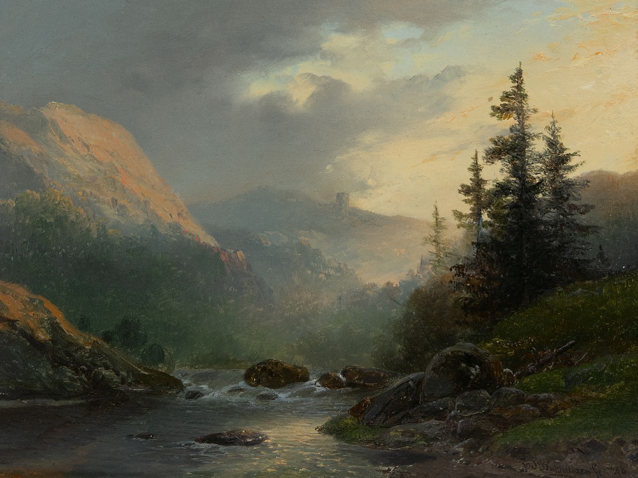 Sande Bakhuyzen H. van de | Hendrikus van de Sande Bakhuyzen, Woest berglandschap met ruïne, olieverf op paneel 22,8 x 30,4 cm, gesigneerd rechtsonder en gedateerd '48 Sande Bakhuyzen H. van de | Hendrikus van de Sande Bakhuyzen, Woest berglandschap met ruïne, olieverf op paneel 22,8 x 30,4 cm, gesigneerd rechtsonder en gedateerd '48