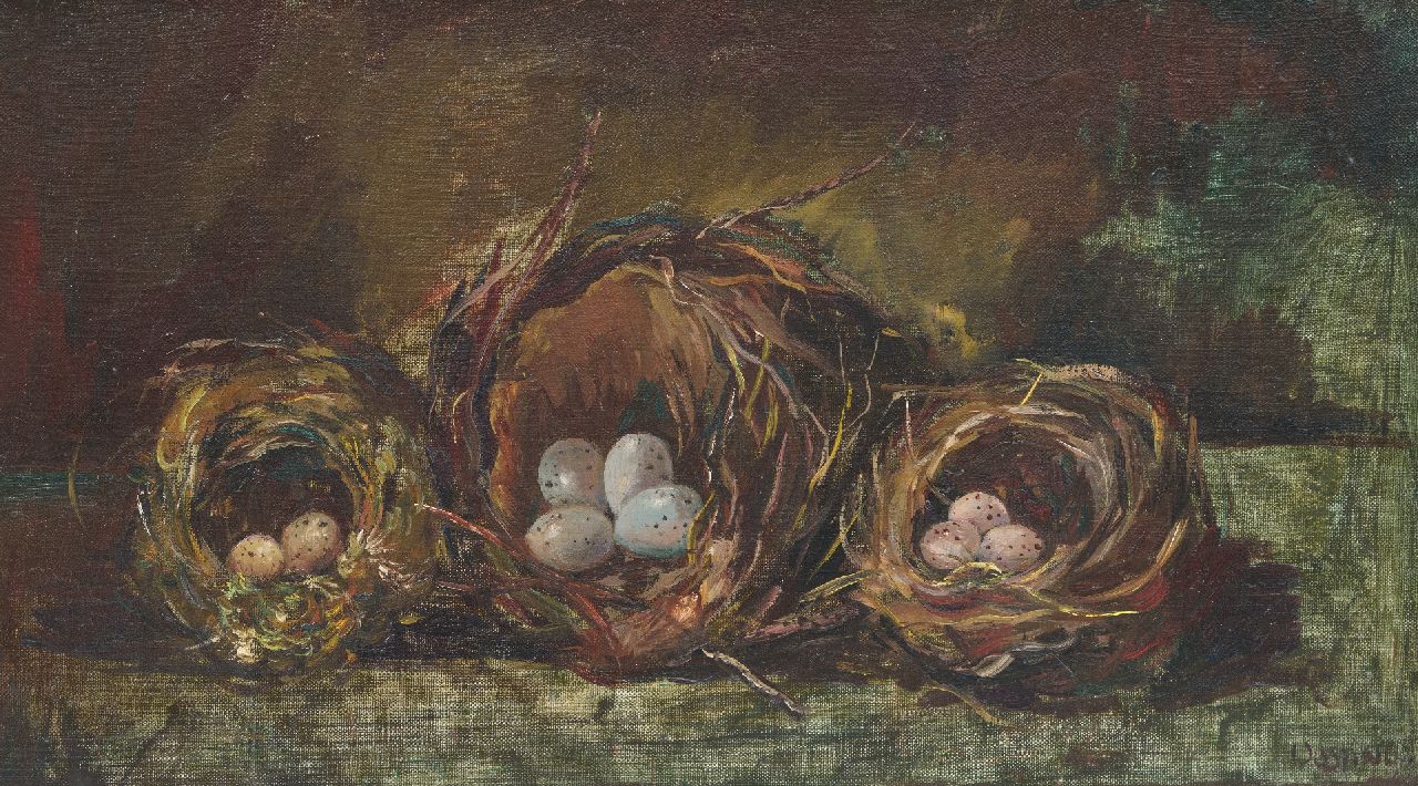 Bieruma Oosting A.J.W. | Adriana Johanna Wilhelmina 'Jeanne' Bieruma Oosting, Drie vogelnesten, olieverf op doek 27,2 x 46,3 cm, gesigneerd rechtsonder en te dateren ca. 1922 Bieruma Oosting A.J.W. | Adriana Johanna Wilhelmina 'Jeanne' Bieruma Oosting, Drie vogelnesten, olieverf op doek 27,2 x 46,3 cm, gesigneerd rechtsonder en te dateren ca. 1922