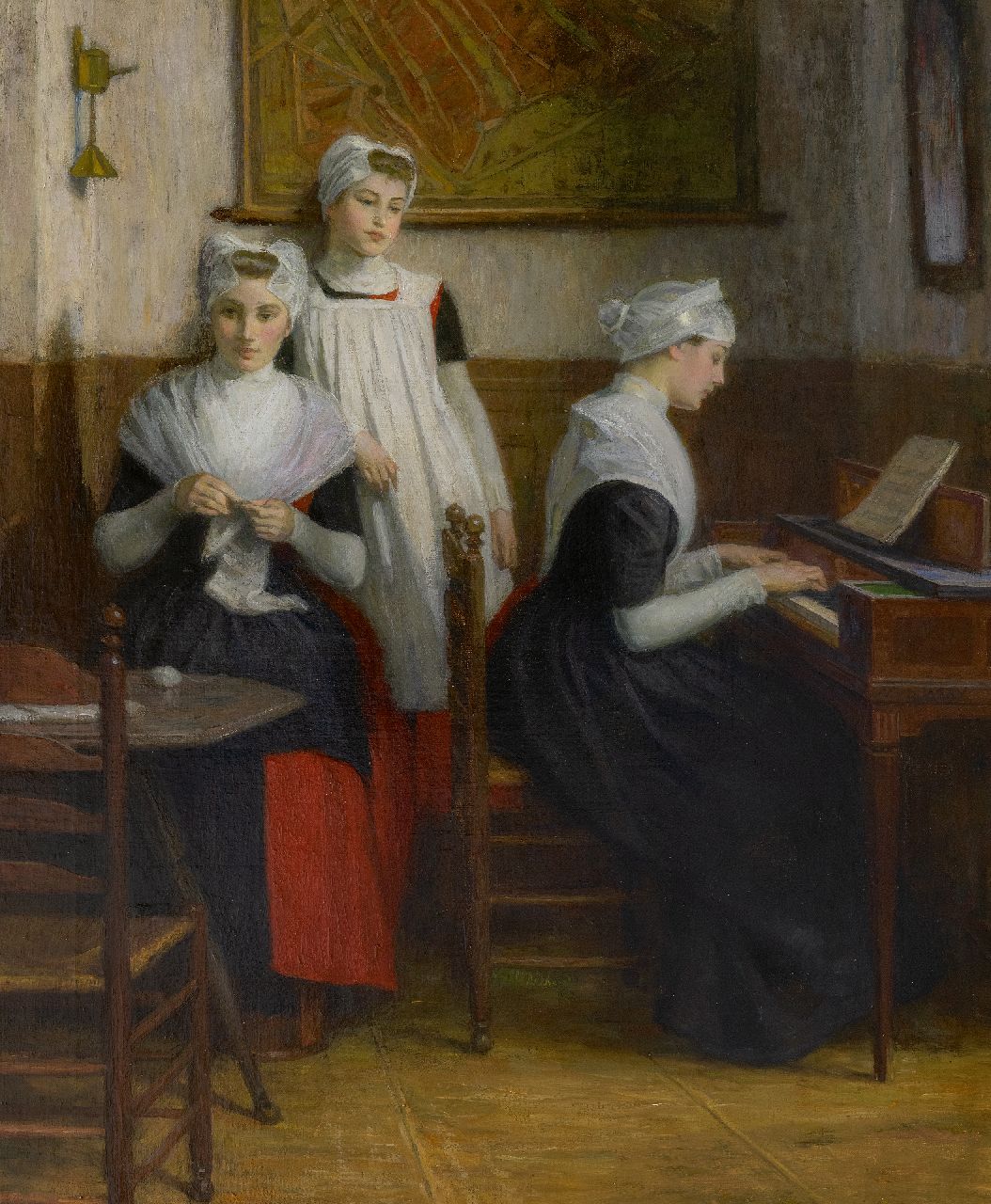 Waay N. van der | Nicolaas van der Waay, Drie Amsterdamse weesmeisjes, olieverf op doek 71,5 x 60,3 cm, gesigneerd rechts van het midden Waay N. van der | Nicolaas van der Waay, Drie Amsterdamse weesmeisjes, olieverf op doek 71,5 x 60,3 cm, gesigneerd rechts van het midden