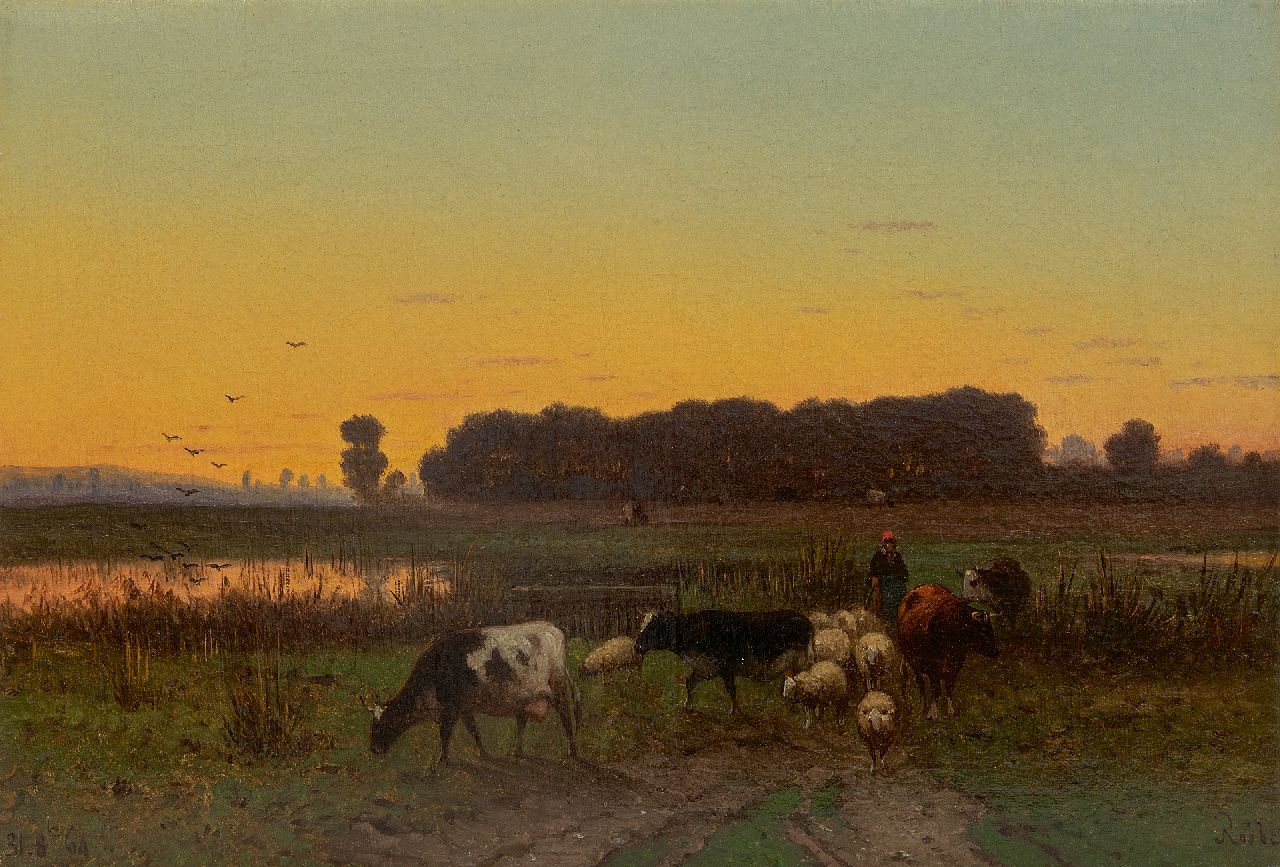 Robbe H.A. | Henri Alexander Robbe | Schilderijen te koop aangeboden | Herderin en vee op weg naar huis, olieverf op doek 34,1 x 49,8 cm, gesigneerd rechtsonder Robbe H.A. | Henri Alexander Robbe | Schilderijen te koop aangeboden | Herderin en vee op weg naar huis, olieverf op doek 34,1 x 49,8 cm, gesigneerd rechtsonder