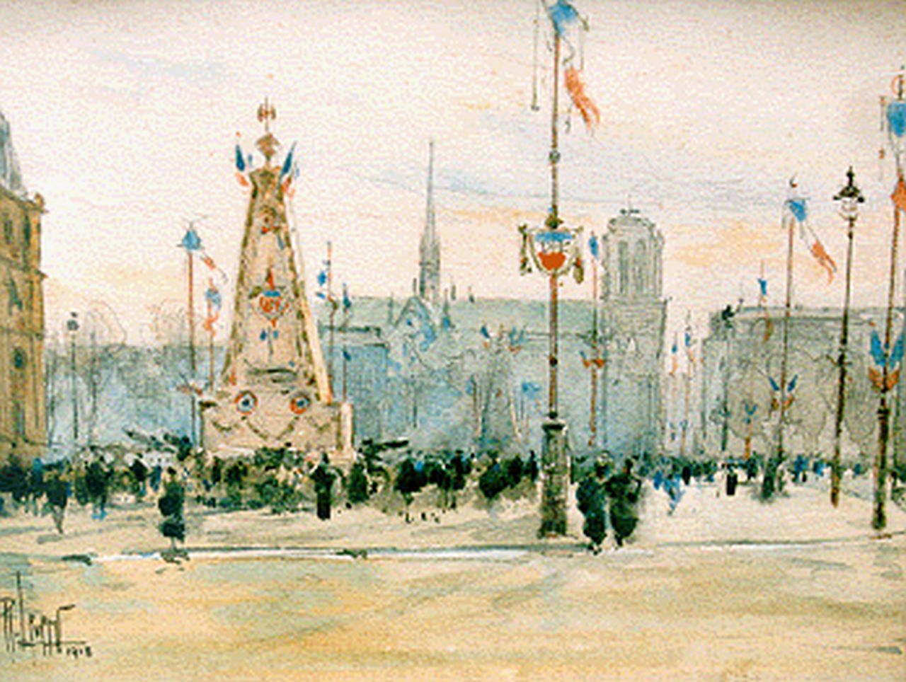 Leverd R. | René Leverd, Hotel de Ville, Parijs, gemengde techniek op papier 14,0 x 18,5 cm, gesigneerd linksonder en gedateerd 1918 Leverd R. | René Leverd, Hotel de Ville, Parijs, gemengde techniek op papier 14,0 x 18,5 cm, gesigneerd linksonder en gedateerd 1918