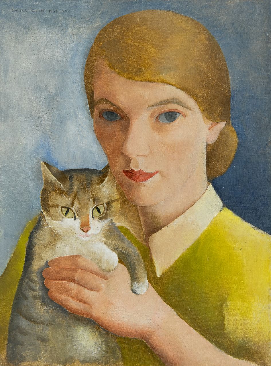 Góth C. | Charlotte 'Sarika' Góth, Zelfportret met poes, olieverf op doek 40,0 x 30,2 cm, gesigneerd linksboven en gedateerd nov. 1934 Góth C. | Charlotte 'Sarika' Góth, Zelfportret met poes, olieverf op doek 40,0 x 30,2 cm, gesigneerd linksboven en gedateerd nov. 1934