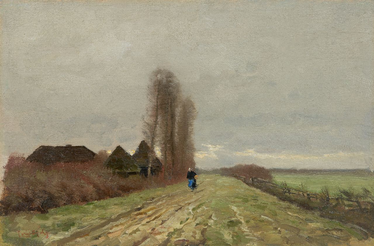 Apol L.F.H.  | Lodewijk Franciscus Hendrik 'Louis' Apol, Boerenvrouw op een landweg, olieverf op doek op paneel 30,2 x 45,5 cm, gesigneerd linksonder