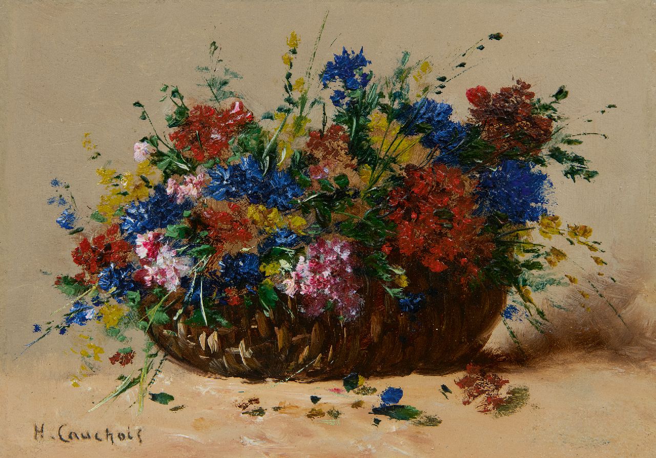 Cauchois E.H. | Eugène-Henri Cauchois, Zomerbloemen in een mand, olieverf op paneel 16,8 x 24,1 cm, gesigneerd linksonder Cauchois E.H. | Eugène-Henri Cauchois, Zomerbloemen in een mand, olieverf op paneel 16,8 x 24,1 cm, gesigneerd linksonder