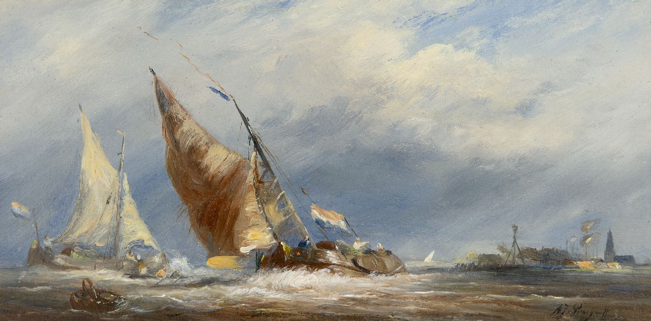 Prooijen A.J. van | Albert Jurardus van Prooijen | Schilderijen te koop aangeboden | Laverende tjalken bij stormweer, olieverf op paneel 14,7 x 29,4 cm, gesigneerd rechtsonder Prooijen A.J. van | Albert Jurardus van Prooijen | Schilderijen te koop aangeboden | Laverende tjalken bij stormweer, olieverf op paneel 14,7 x 29,4 cm, gesigneerd rechtsonder