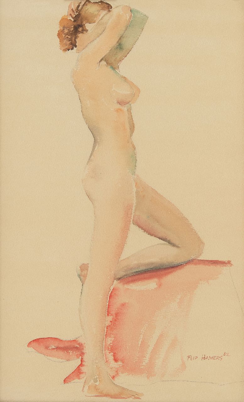 Hamers P.J. | Philippus Jacob 'Flip' Hamers, Staand naakt, aquarel op papier 49,4 x 32,4 cm, gesigneerd rechtsonder en gedateerd '52 Hamers P.J. | Philippus Jacob 'Flip' Hamers, Staand naakt, aquarel op papier 49,4 x 32,4 cm, gesigneerd rechtsonder en gedateerd '52