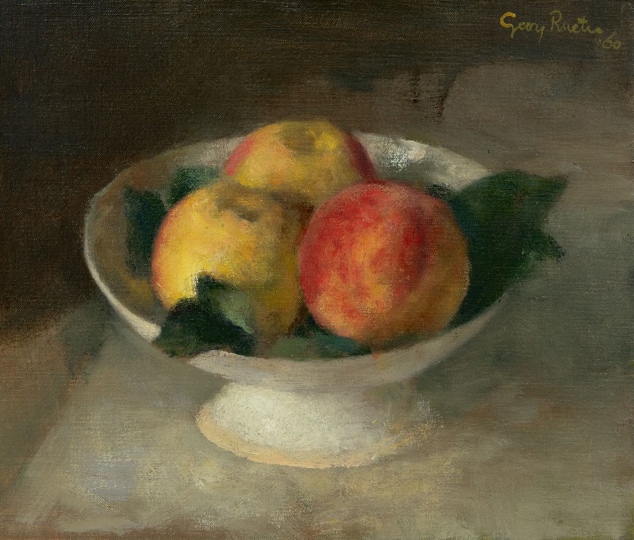 Rueter W.C.G. | Wilhelm Christian 'Georg' Rueter | Schilderijen te koop aangeboden | Perziken in witte schaal, olieverf op doek 28,0 x 32,2 cm, gesigneerd rechtsboven en gedateerd '60 Rueter W.C.G. | Wilhelm Christian 'Georg' Rueter | Schilderijen te koop aangeboden | Perziken in witte schaal, olieverf op doek 28,0 x 32,2 cm, gesigneerd rechtsboven en gedateerd '60